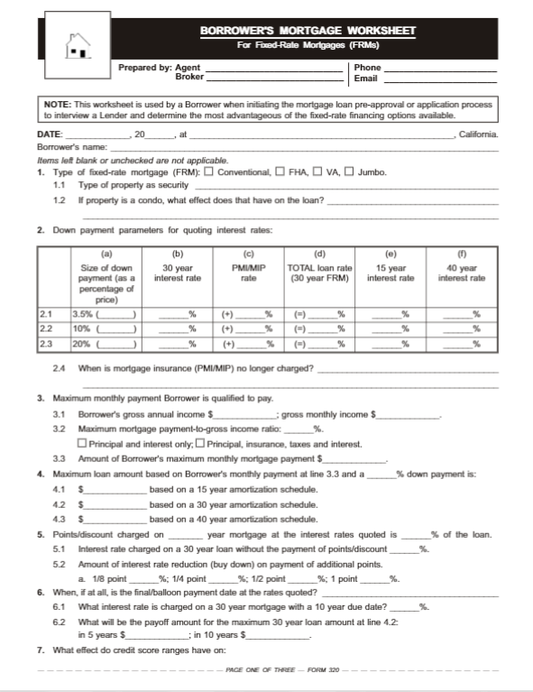 Borrowers Mortgage Worksheet for Fixed Rate Mortgages