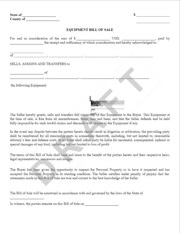 Equipment Bill of Sale Template