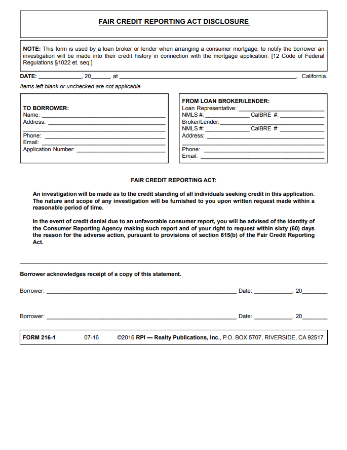 Fair Credit Reporting Act Disclosure