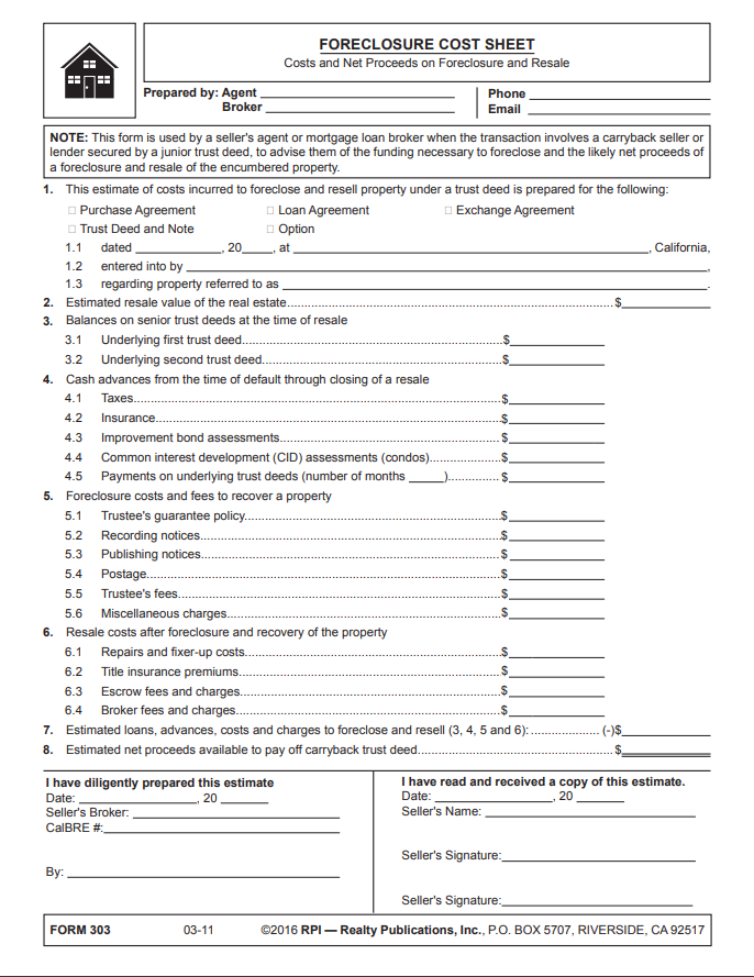 Foreclosure Cost Sheet and Net Proceeds