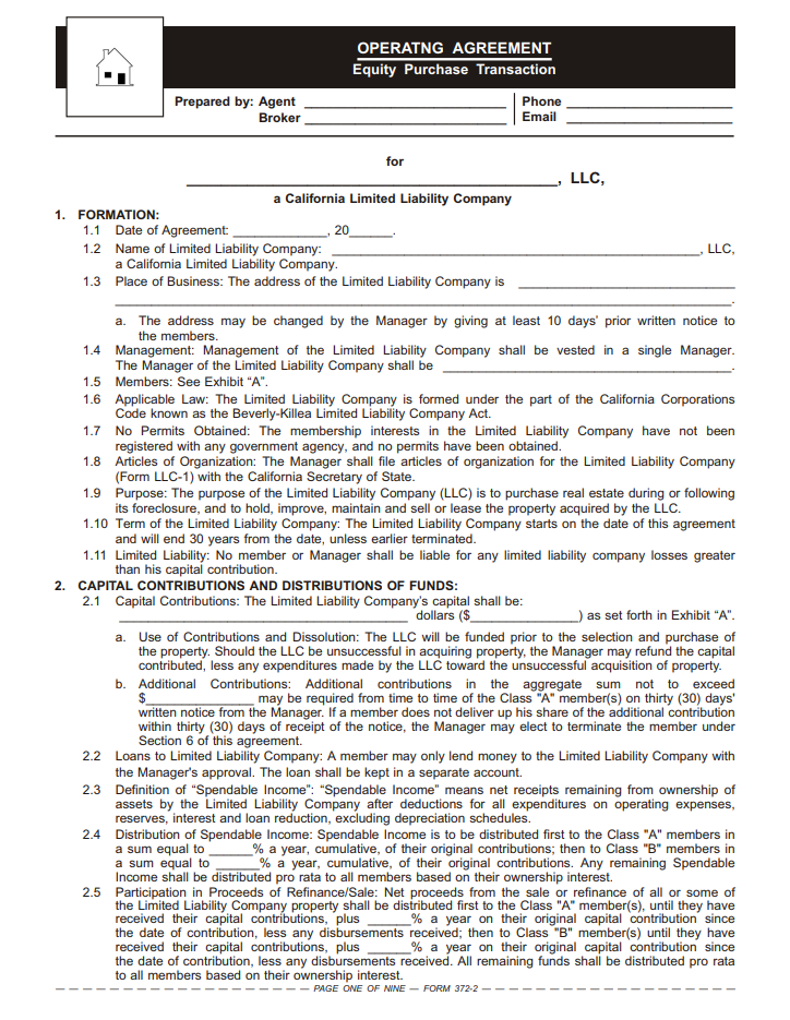 LLC Operating Agreement Equity Purchase