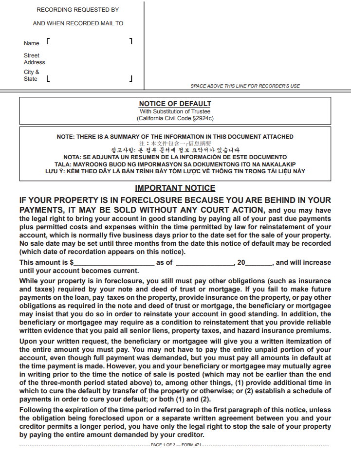 Notice of Default with Substitution of Trustee