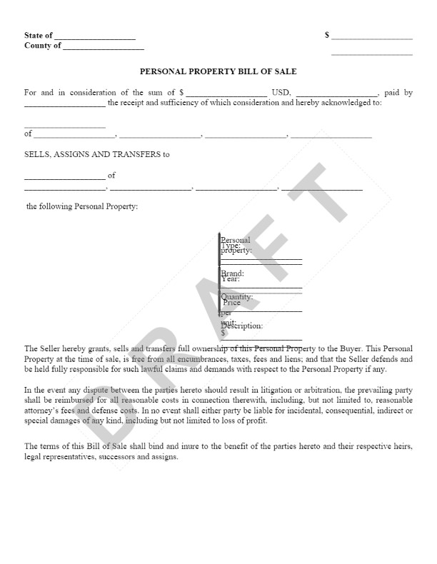 Personal Property Bill of Sale Template