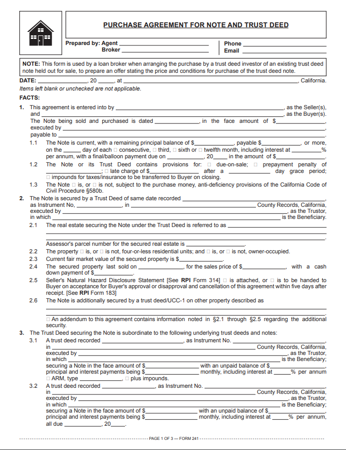 Purchase Agreement for Note and Trust Deed