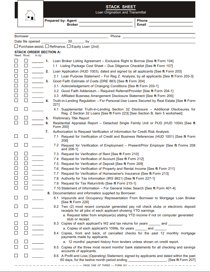 Stock Sheet Loan Origination and Transmittal