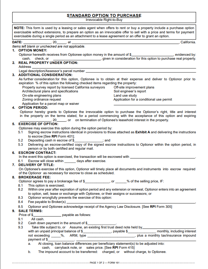 Standard Option to Purchase Irrevocable Right to Buy