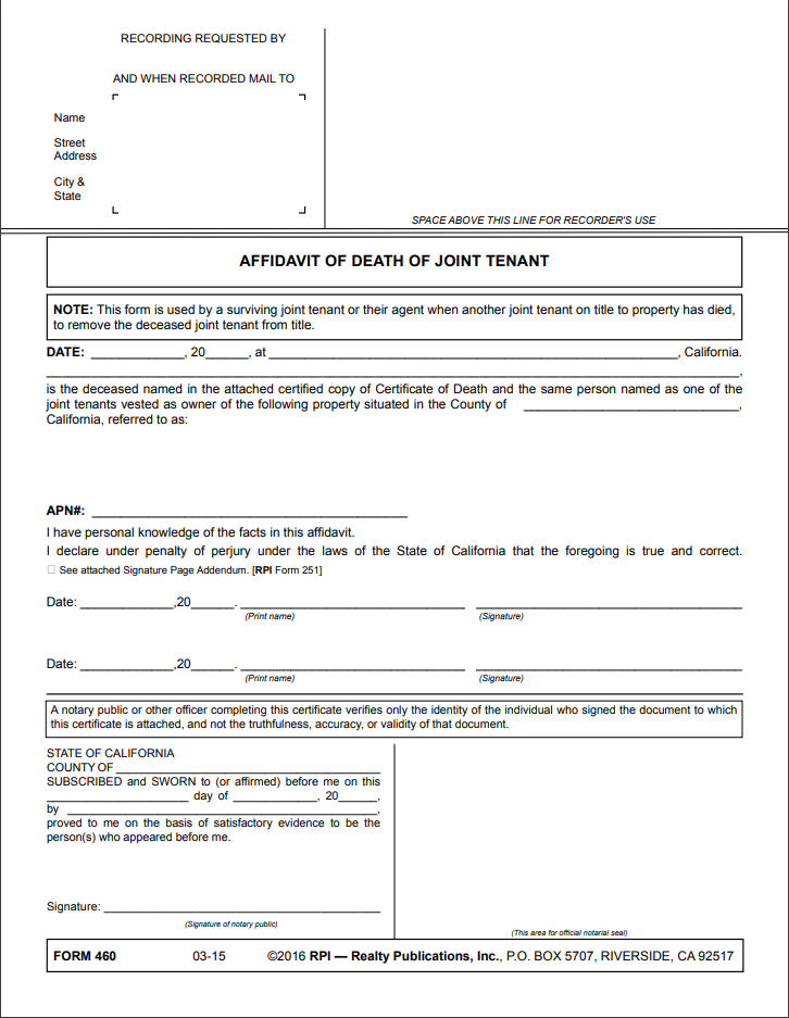 affidavit of death of joint-tenant pdf