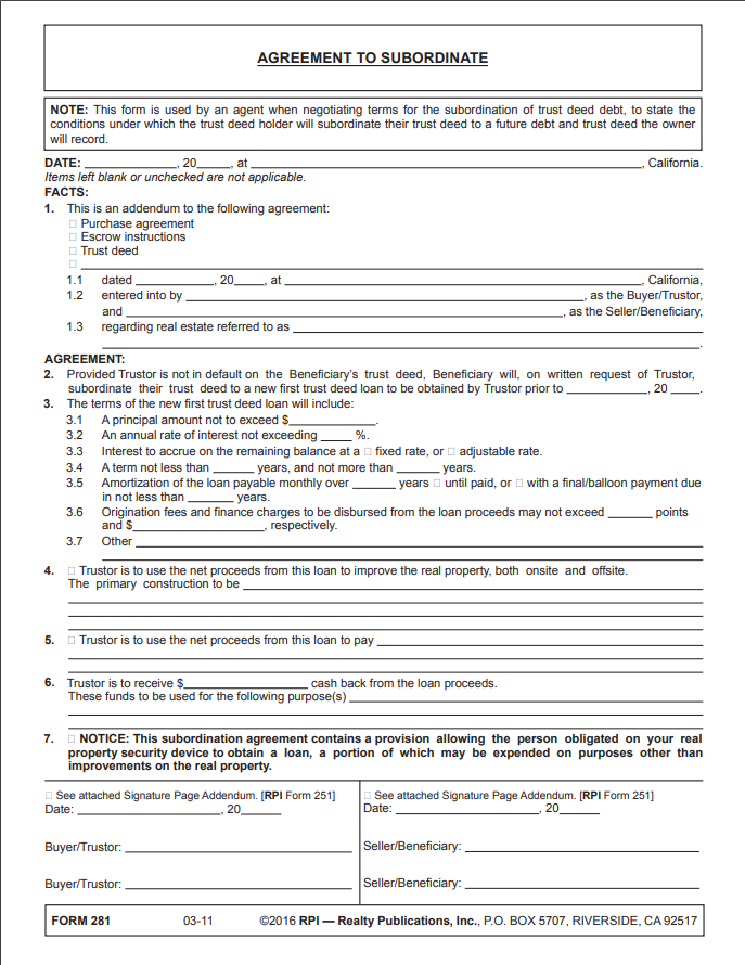 agreement to subordinate