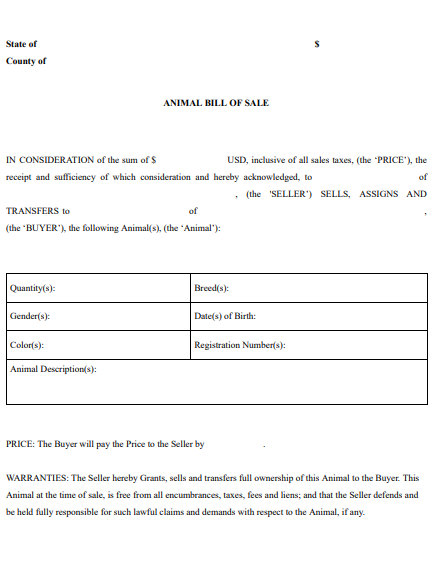 Animal Bill of Sale