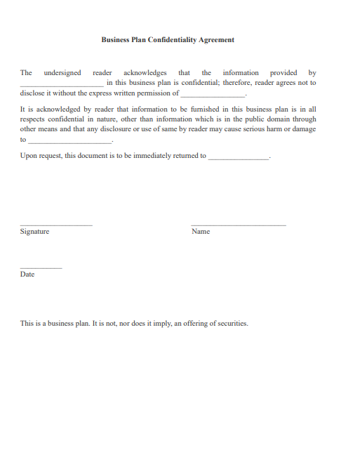 Business Plan Confidentiality Agreement