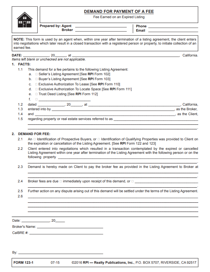 demand for payment of a fee on a expired listing template