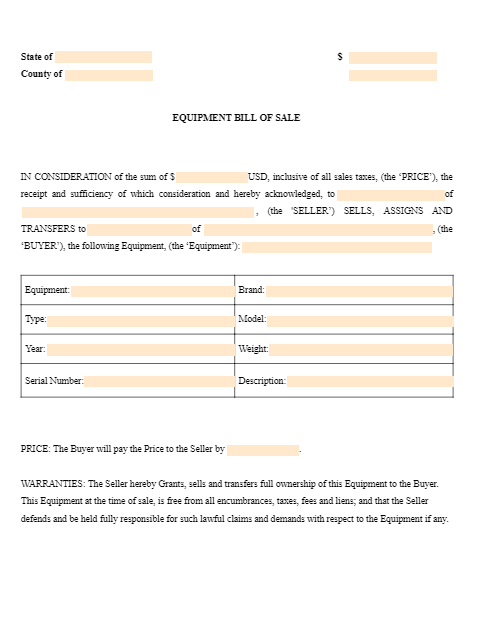 equipment bill of sale