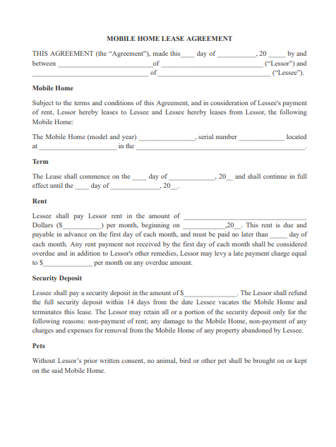 Mobile Home Lease Agreement