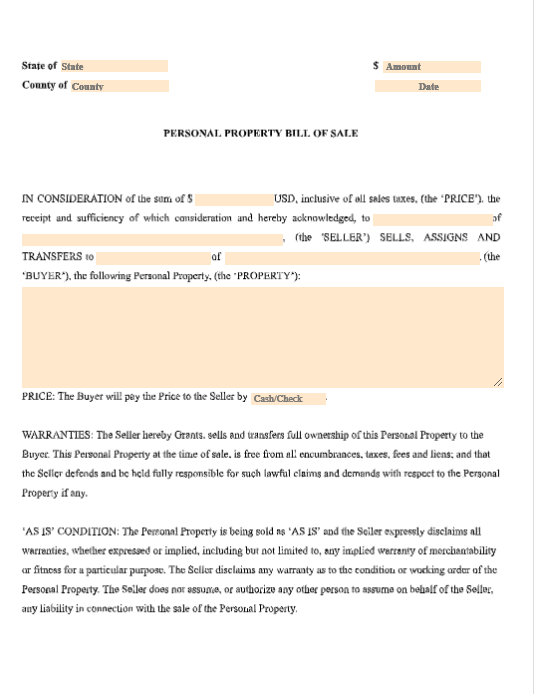 personal property bill of sale pdf