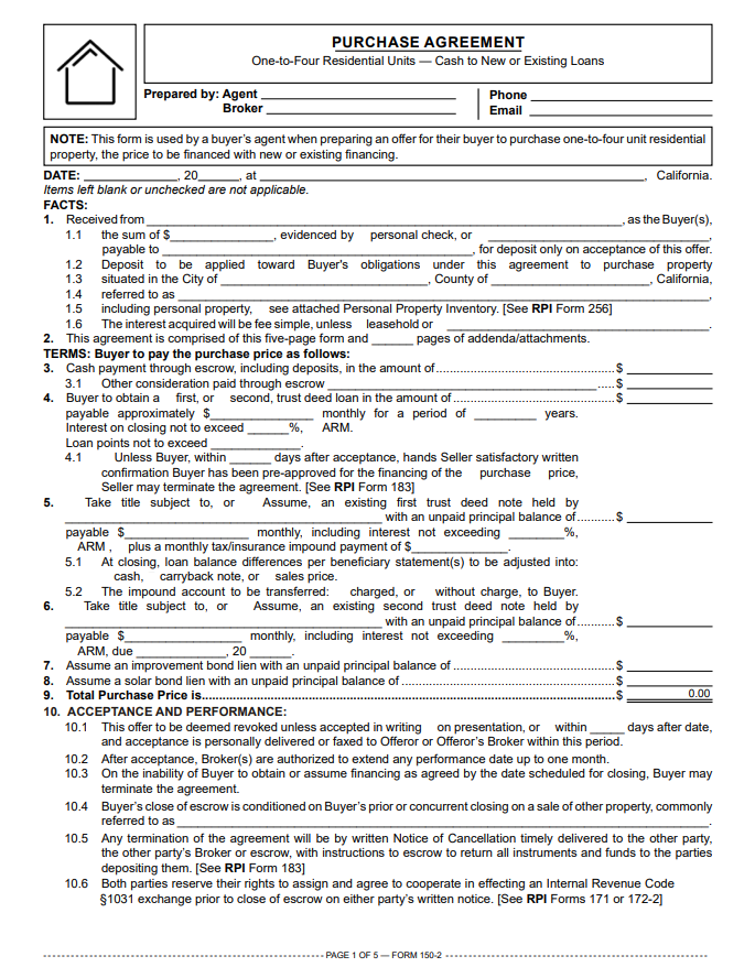 purchase agreement cash to new or existing loans template